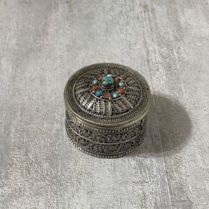 Vtg Trinket Box Turquoise Coral Nickel Silver Tibetan Style Filagree Hand Made